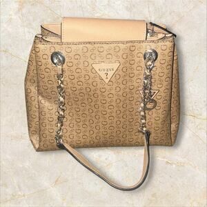GUESS Tan Logo Shoulder Bag Chain Strap Medium Tote Purse